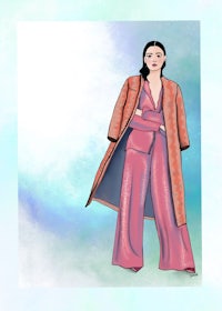 an illustration of a woman in pink pants and a coat