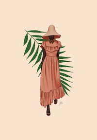 an illustration of a woman in a pink dress with a palm leaf