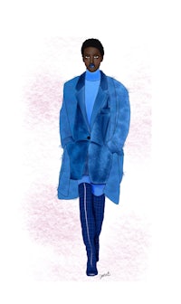 an illustration of a woman in a blue coat and boots