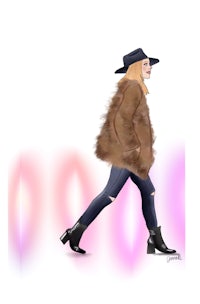 a drawing of a woman walking in a fur coat